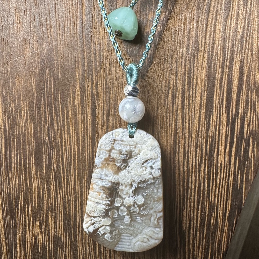 Coral Fossil Flower Agate Landscape Carving Pendant Necklace on Green Lotus Rope - Picture 2 of 10